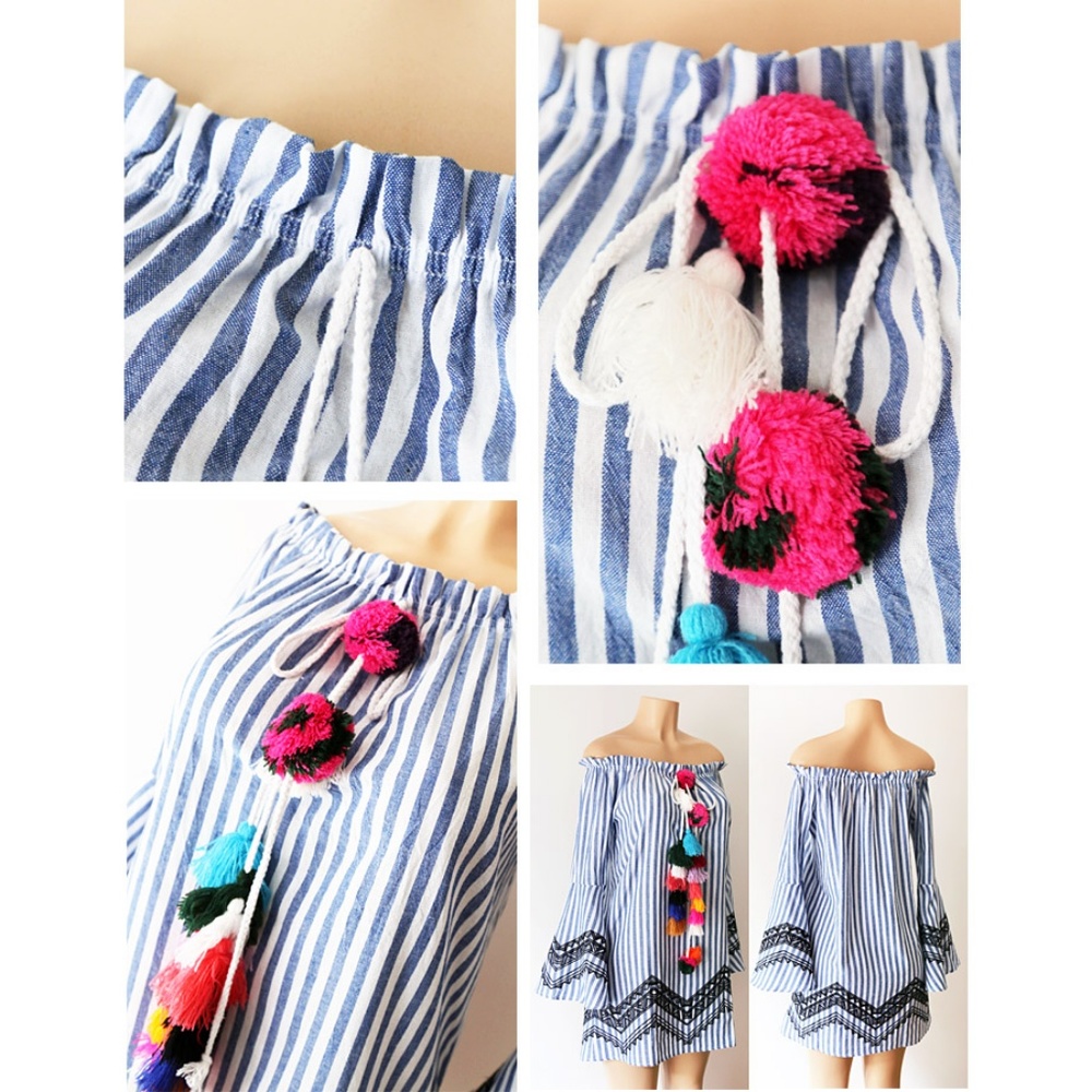 Blue Stripe Pom Pom Tassel Bell Off Shoulder Dress - Picture 6 of 8
